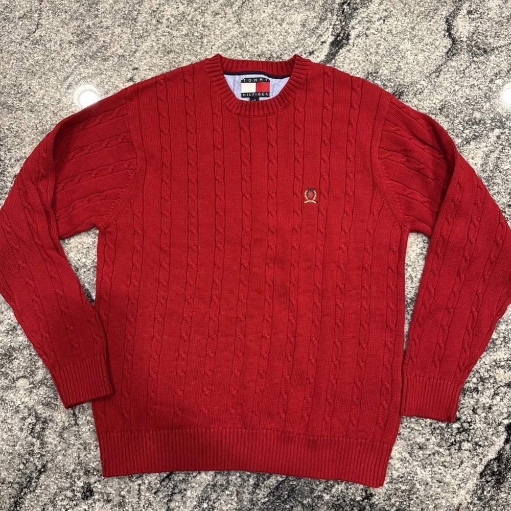Vtg Tommy Hilfiger Cable Knit Sweater Sz Large Men's Red Crew Neck 90's Y2K #317